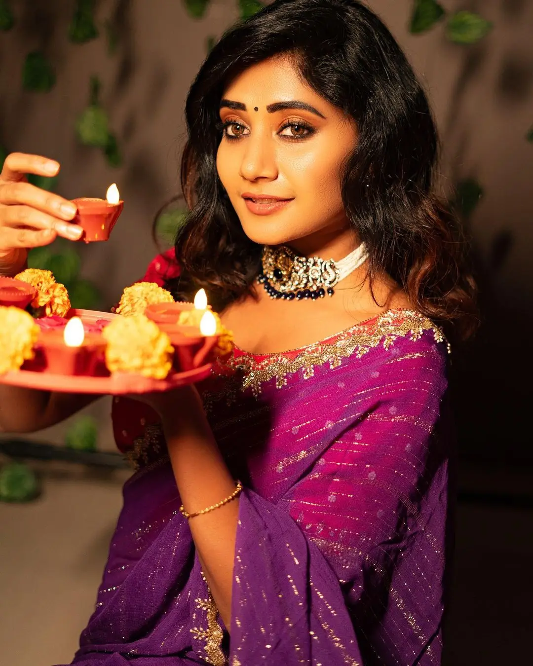 Vasanthi Krishnan Wearing Traditional Violet Saree Blouse